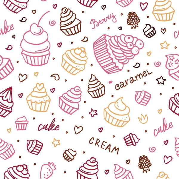 デザート ベリー レタリングで手描きのカップケーキドアの背景シームレスなパターン ベクターイラスト — ストックベクタ