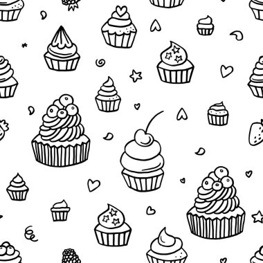 Elle çizilmiş kek, arka planda pürüzsüz desen, tatlılar, böğürtlen. Vektör illüstrasyonu