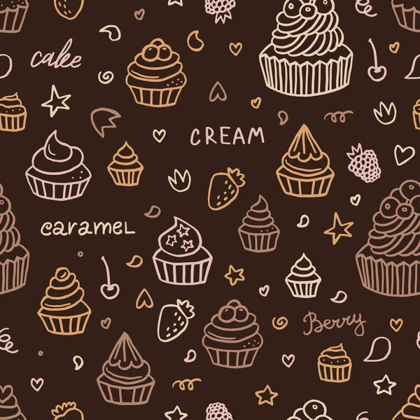 Hand Drawn Cupcake Doodle Background Seamless Pattern Desserts Berries Vector — Stock Vector