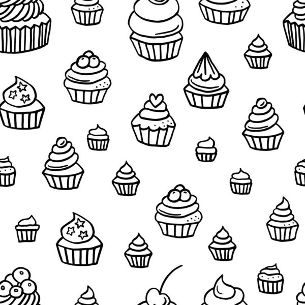 Mão Desenhado Cupcake Doodle Fundo Sem Costura Padrão Sobremesas Bagas — Vetor de Stock