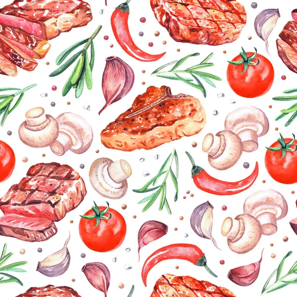 Bifes de carne grelhada aquarela com cogumelos, pimenta, tomate. Ilustração desenhada à mão isolada sobre branco. — Fotografia de Stock