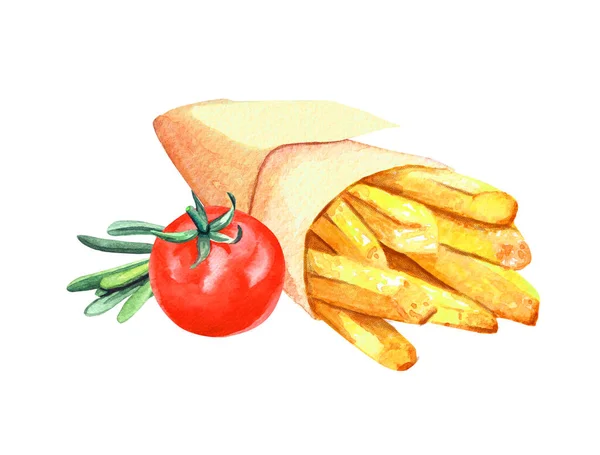 Χειροποίητη υδατογραφία french fry σε χάρτινο περιτύλιγμα, πεντανόστιμη γρήγορη απεικόνιση τροφίμων, απομονωμένη σε λευκό φόντο. — Φωτογραφία Αρχείου