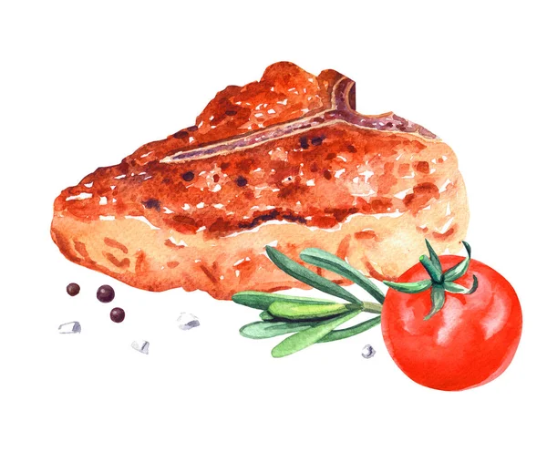 Grilovaný hovězí steak. Akvarel ručně kreslené ilustrace, izolované na bílém pozadí — Stock fotografie