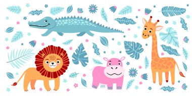 Savanda ya da tropikal ormanda yaşayan bir grup vahşi egzotik hayvan. Vektör illüstrasyonu beyaz arkaplanda izole edildi.