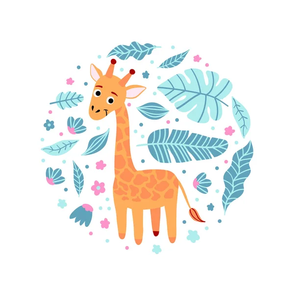 Impressão infantil com girafa e folhas em forma redonda. Design de pijama bonito. Fundo das crianças para roupas — Vetor de Stock