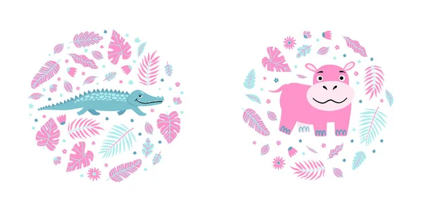 Impressão infantil com hipopótamo, crocodilo e folhas em forma redonda. Design de pijama bonito. Personagens infantis para roupas. — Vetor de Stock