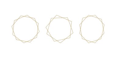 Beyaz arka planda geometrik çerçevenin altın koleksiyonu. Logo, kart ve davetiye için dekoratif unsur. Düğün davetiyesi için lüks şablonlar, sanat deco tarzı.