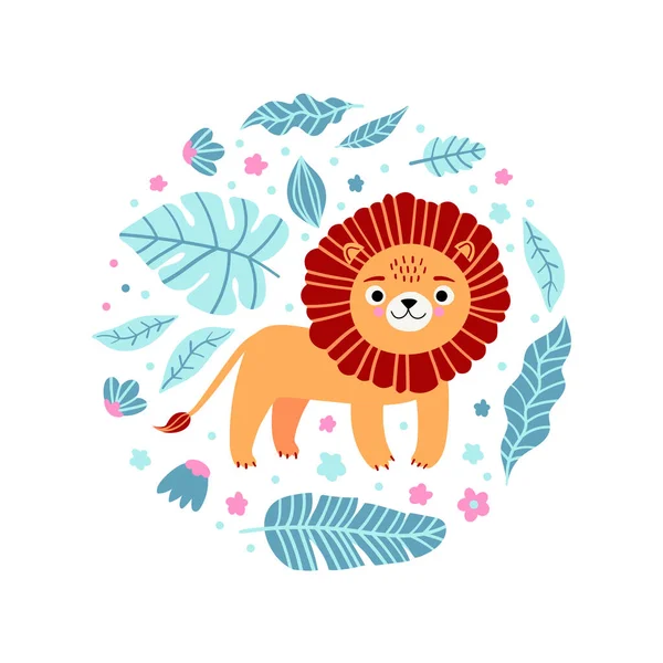 Παιδικό Σχέδιο Λιοντάρι Και Φύλλα Στρογγυλό Σχήμα Χαριτωμένο Σχέδιο Πιτζάμας — Διανυσματικό Αρχείο