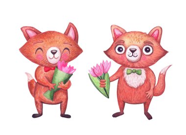 Tatil için çiçek buketleri olan şirin suluboya tilkiler. Beyaz arka planda komik orman hayvanları karakteri