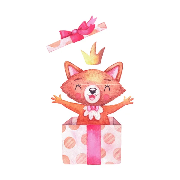 Aquarel karakter vos meisje in kroon leuk springen uit een geschenkdoos. Cartoon dieren voor vakantie decoratie. — Stockfoto