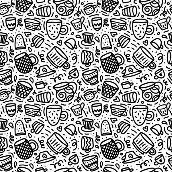 Modello doodle senza soluzione di continuità con tazze e tazze per il caffè o tee time. Linea artistica disegnata a mano nera su sfondo bianco — Vettoriale Stock