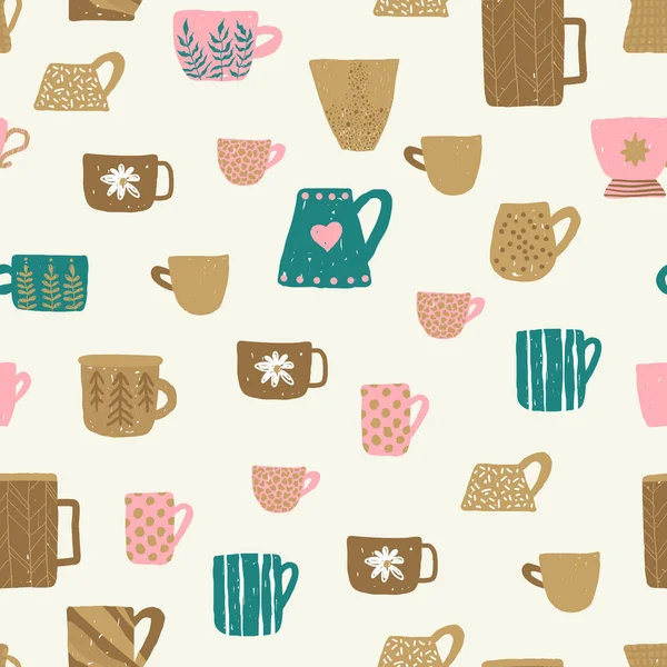 Nahtloses Muster mit verschiedenen Tassen Tee-Illustrationen auf hellem Hintergrund zur Gestaltung. Wohndekoration isoliert — Stockvektor