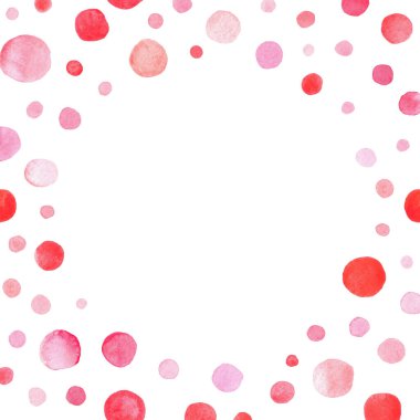 Soyut kırmızı ve pembe renk damlaları ve şekilleri olan çerçeve, açık arkaplanda izole edilmiş, suluboya çizimi