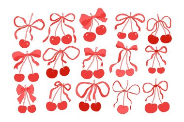 El çizimi kurdele ve kirazlar koquette tarzında. Dijital tasarım, hatıra defteri, planlamacılar, davetiyeler, ambalajlama, sosyal medya için sevimli kadınsı dekoratif unsurlar. Vektör illüstrasyonu