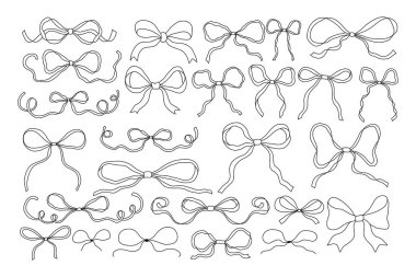 El çizimi kurdele yay seti Coquette tarzı. Dijital tasarım, hatıra defteri, planlamacılar, davetiyeler, ambalajlama ve sosyal medya için sevimli kadınsı dekoratif öğeler. Beyaz vektör sanatında izole edilmiş