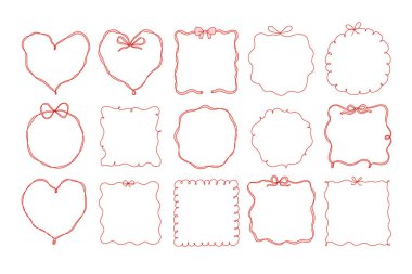 El çizimi kırmızı çizgili tuhaf bir düğün çerçevesi kalp, kare ve yuvarlak şekillerle sınırlandırılmış. Dekoratif yay, istiridyeli kenarlar ve oyuncu karalama tarzı davetiyeler veya tebrik kartları için mükemmel