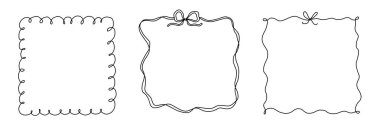 Kare yay kurdele çerçeve koleksiyonu. El çizimi sınır. Güzel karalama çizimi. Modern minimalist sanat. Sevgililer Günü, Düğün, Doğum Günü için Coquette zarif romantik tasarım unsuru. Vektör illüstrasyonu