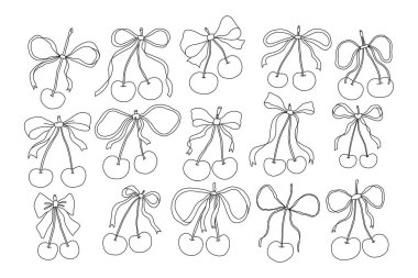 Hand drawn cherry bow set with cute line art illustrations of cherries tied with decorative ribbons. Whimsical doodle style perfect for patterns, packaging, wedding design, greeting cards, or stickers