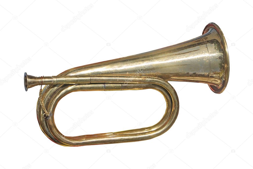 Old brass gold trumpet sold on flea market isolated on white background