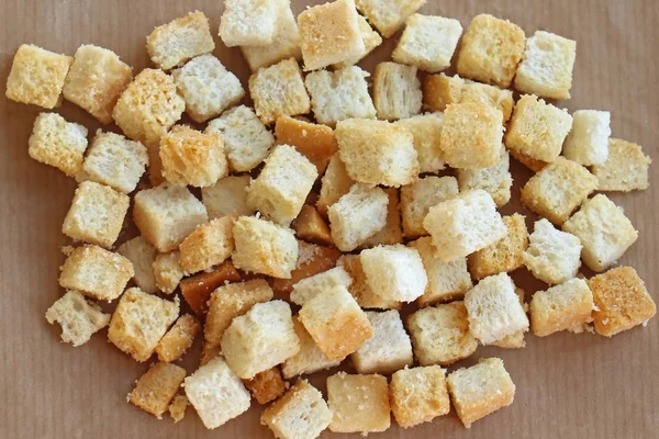Pile Wheat Bread Croutons Cut Small Cubes Usually Served Soups — Stock Photo, Image