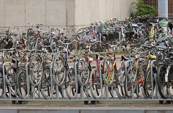 拥挤的自行车停在阿姆斯特丹 自行车被锁在金属杆上 — 图库照片
