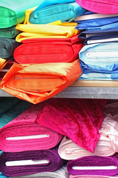 Stack Silky Delicate Colorful Fabrics Sold Market Stall — Stock Photo, Image