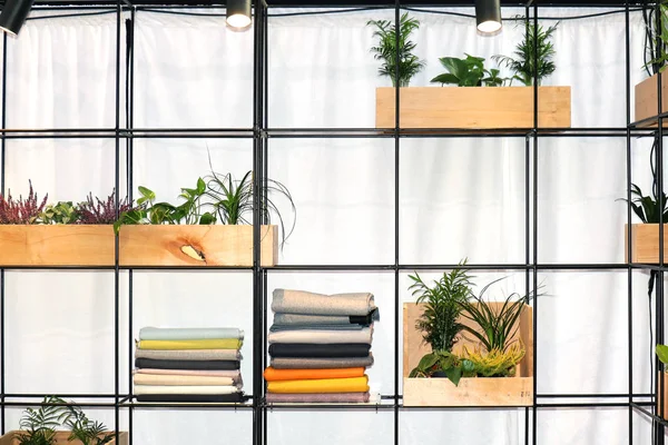 Metal decorative shelf on interior wall with green plants in wooden boxes