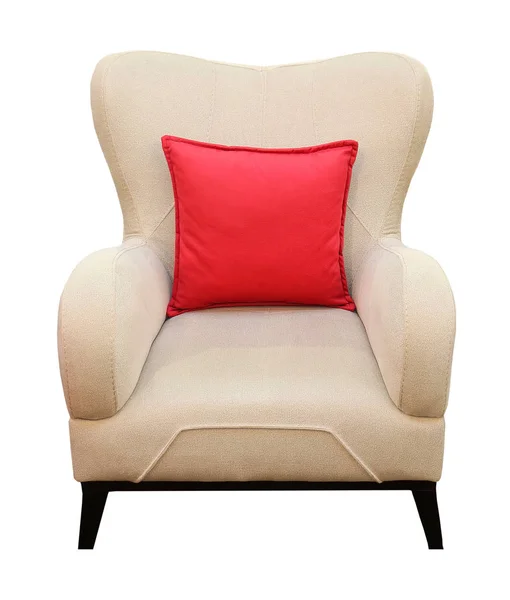 Fotel Retro Beżowym Tekstylno Czerwoną Poduszką Dekoracyjną Izolowany Białym — Zdjęcie stockowe