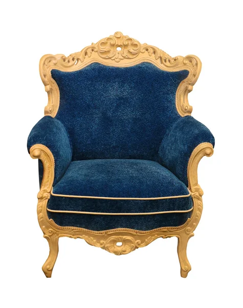 Klasyczny Fotel Niebieskim Tekstylnym Drewnianym Szkieletem Izolowany Ścieżką Wycinania — Zdjęcie stockowe