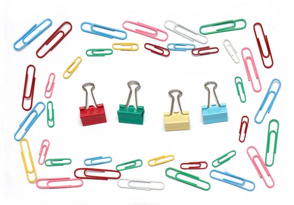 Colorful Metal Paper Clips Pins Stationery Arranged Square White Background — Stock Photo, Image