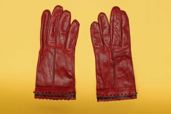 Stylish Fashionable Red Leather Gloves Yellow Background — Stock Photo, Image