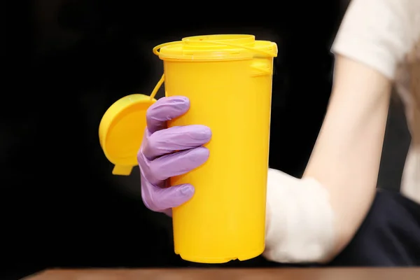 Woman Hand Glove Holding Plastic Medical Waste Container — Stock Photo, Image