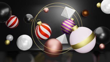 Noel tatili için uzay boşluğunda yüzen Noel süsleri. Süzülen x-mas 'lar 3D resimli altın kurdele süsüsüyle ya da 3D resimle süslenebilir.