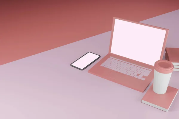 Biznes Laptop Telefon Komórkowy Makieta Minimalnym Renderingu — Zdjęcie stockowe