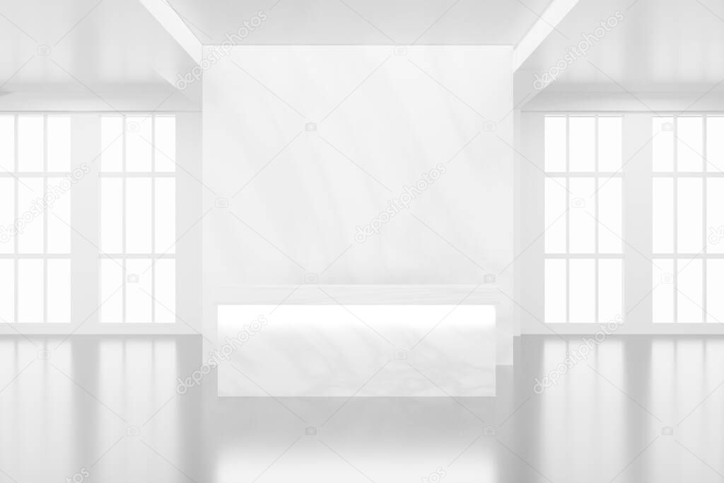 Empty elegant room in modern design bright white color with counter in 3D rendering illustration