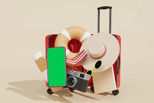 Estate Smart Telefono Cellulare Illustrazione Rendering Con Molte Cose Viaggio — Foto Stock