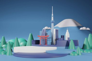 Tokyo şehri ve Fuji Dağı 'nın arka planında mavi tonda 3D resimleme sahnesi görüntüsü