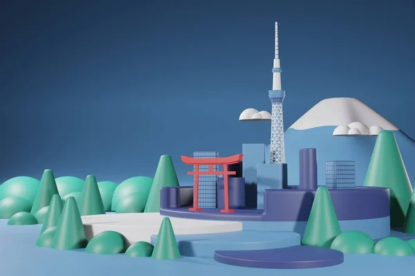 Rendering Illustration Bühnendisplay Mit Hintergrund Der Tokyostadt Und Des Fuji — Stockfoto