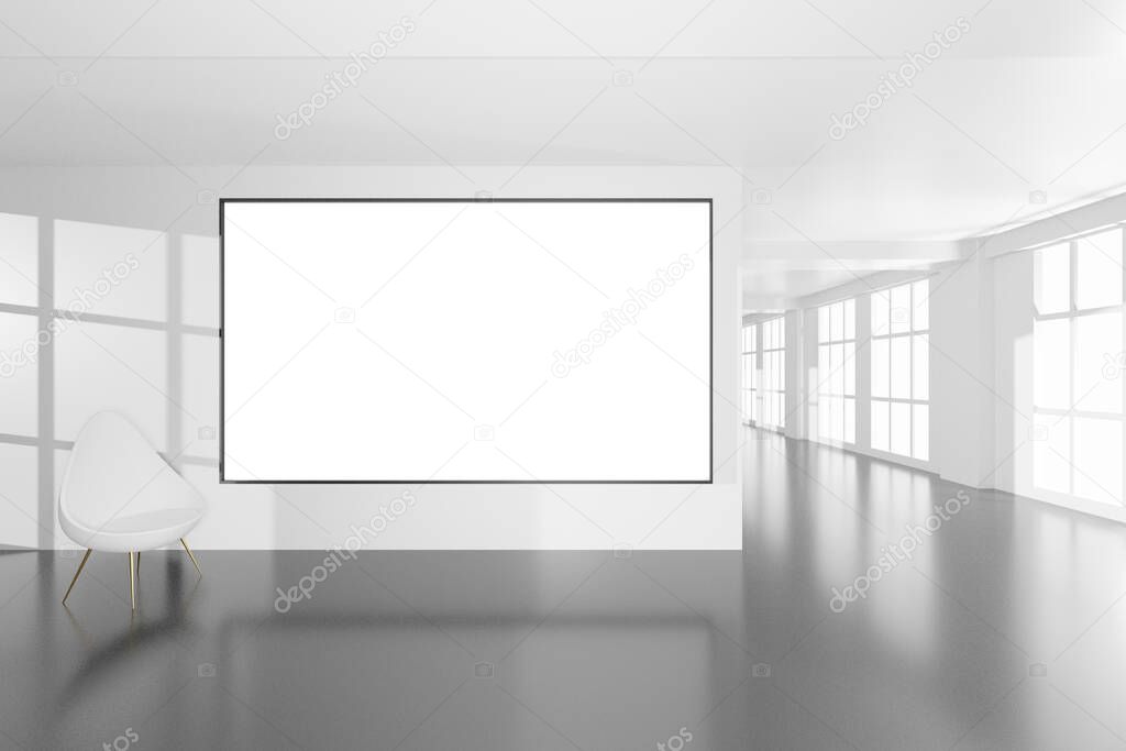 Empty elegant room in modern design bright white color with empty frame in 3D rendering illustration