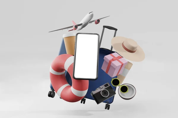Üç boyutlu resimli yaz akıllı cep telefonu. Birçok seyahat, yaz eşyası ve uçak tasarımı.