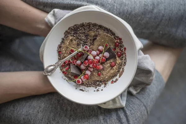 Female Hands Holding Bowl Christmas Chocolate Smoothie Frozen Berries Top — Stock Photo, Image