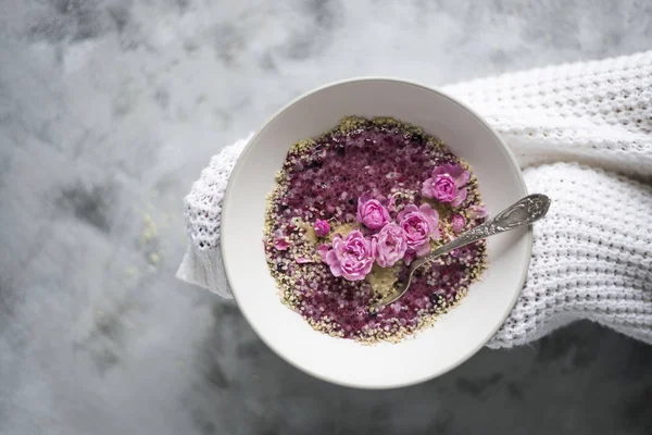 Chia Pudding Bowl Smoothies Roses — Stock Photo, Image