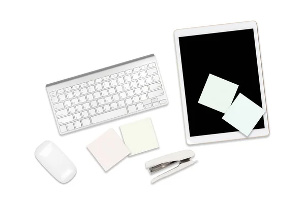 Flachbild Foto Eines Bürotisches Mit Laptop Digitalem Tablet Handy Und — Stockfoto
