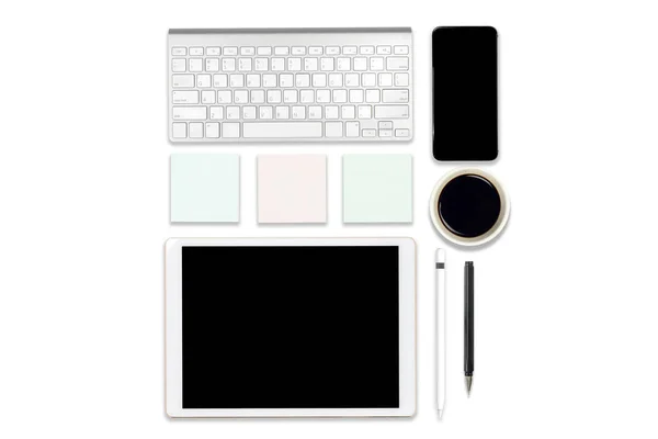 Flachbild Foto Eines Bürotisches Mit Laptop Digitalem Tablet Handy Und — Stockfoto