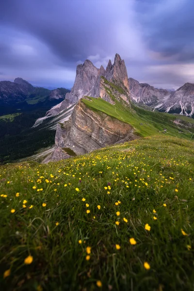 Mavi gökyüzü ile yeşil dağ muhteşem manzara görünümü'yaz Dolomites, İtalya. — Stok fotoğraf