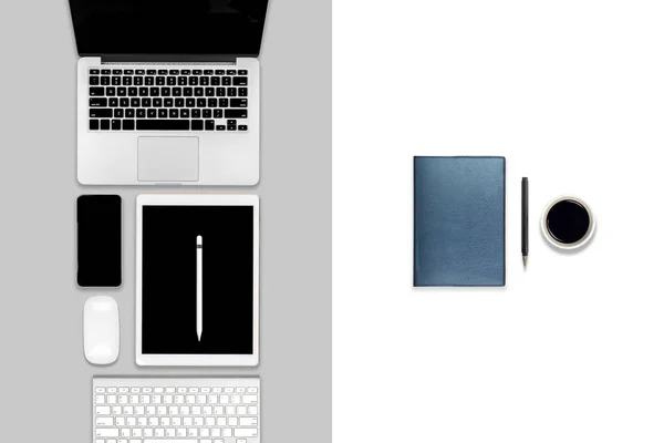 Flat lay foto de mesa de oficina con ordenador portátil, tableta digital, teléfono móvil y accesorios. sobre fondo de tono moderno. Escritorio concepto de maqueta de oficina . —  Fotos de Stock