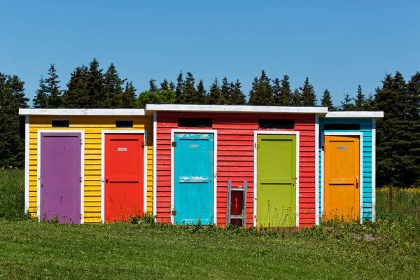 Colorful outhouse in a green field near the forest.