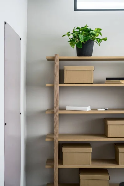 Elegante interior con estantes de madera y paredes grises —  Fotos de Stock