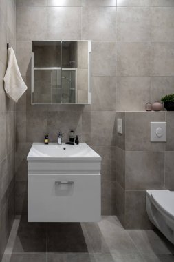 Duvarları büyük aydınlık banyo gri ile modern tarzda döşenmiş
