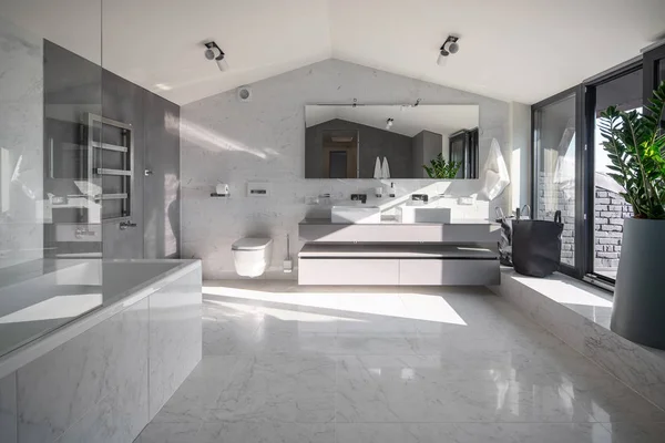 Banheiro ensolarado em estilo moderno com paredes diferentes — Fotografia de Stock